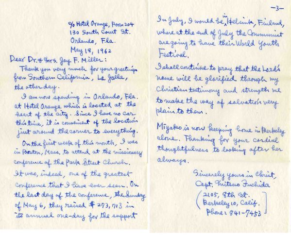 Pearl Harbor Captain Mitsuo Fuchida Autograph Letter Signed -- ''...in the German cities, I shall...testify to these young people concerning the saving grace of our Lord Jesus Christ...''