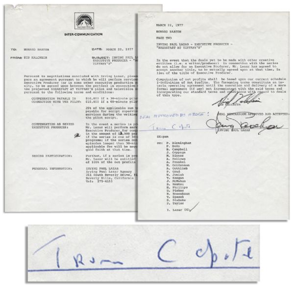 Rare & Obscure Truman Capote Hollywood Memo Signed for a Proposed TV Pilot Based on His Novella ''Breakfast at Tiffany's'' -- 1977