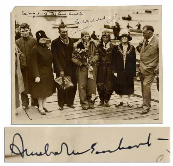 Rare Amelia Earhart Signed Photo, Taken Immediately After Her Successful Flight as the First Woman to Fly Across the Atlantic -- Also Signed by Flight Team Stultz & Gordon