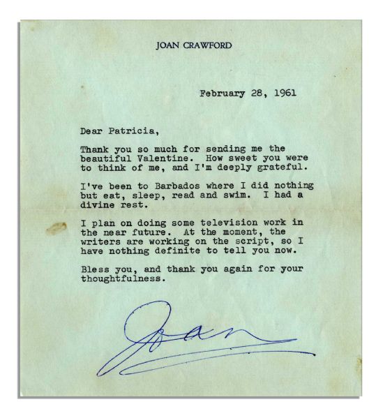 Joan Crawford Typed Letter Signed -- ''...I plan on doing some television work in the near future. At the moment, the writers are working on the script...'' -- 1961