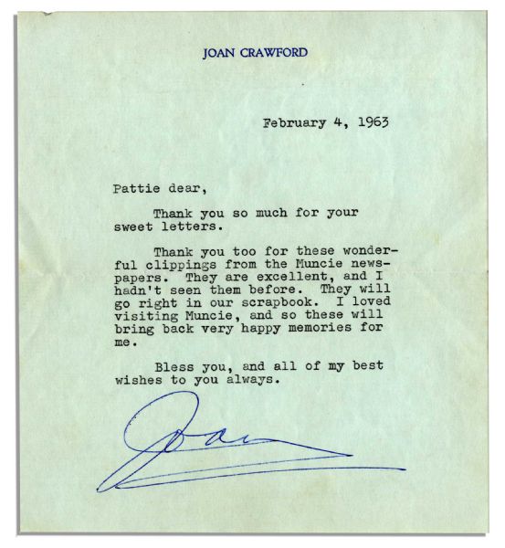 Hollywood Screen Siren Joan Crawford 1963 Typed Letter Signed -- ''...Thank you too for these wonderful clippings from the Muncie newspapers...''