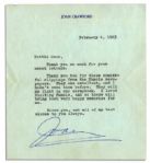 Hollywood Screen Siren Joan Crawford 1963 Typed Letter Signed -- ...Thank you too for these wonderful clippings from the Muncie newspapers...