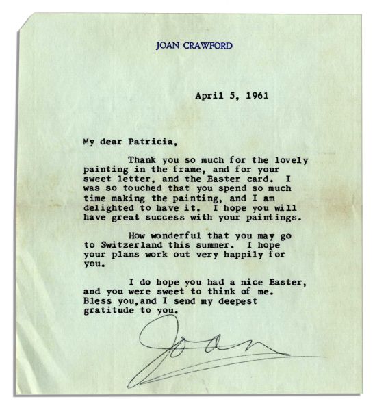 Joan Crawford 1961 Typed Letter Signed -- ''... I was so touched that you spend so much time making the painting, and I am delighted to have it...''