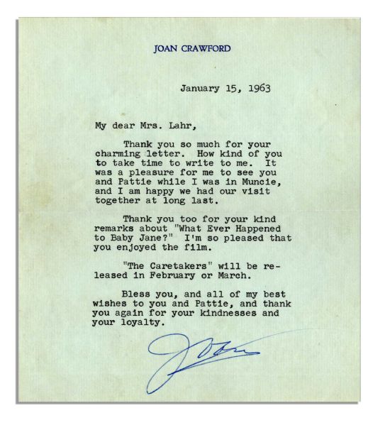Academy Award-Winning Star Joan Crawford Typed Letter Signed -- ''... Thank you too for your kind remarks about 'What Ever Happened to Baby Jane?' I'm so pleased that you enjoyed the film...''