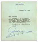 Joan Crawford Typed Letter Signed -- ...Thank you so much for your thoughtfulness and your friendship. I am deeply grateful. Bless you...  -- 1963