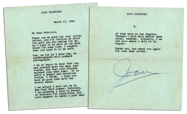 Joan Crawford Typed Letter Signed -- ''...I am planning a trip to Europe on business for Pepsi-Cola...'' -- 1961