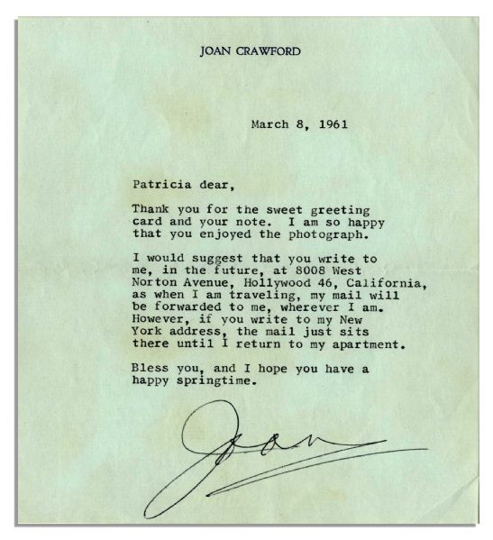 Joan Crawford Typed Letter Signed -- ''...if you write to my New York address, the mail just sits there until I return to my apartment...'' -- 1961