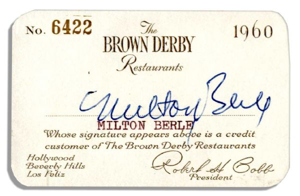 20th Century Television Superstar Milton Berle Signed ''Brown Derby Restaurants'' Club Card