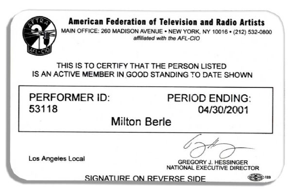Milton Berle's Official ''American Federation of Television and Radio Artists'' Membership Card