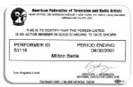 Milton Berles Official American Federation of Television and Radio Artists Membership Card