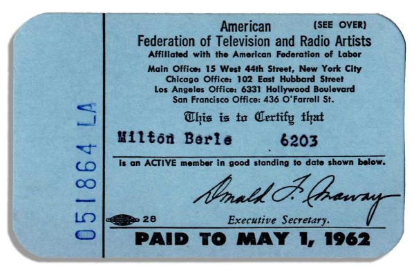 Milton Berle's AFTRA Membership Card From 1962
