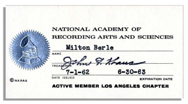 Milton Berle's 1962 Membership Card to NARAS, The Academy That Puts on The Grammy Awards