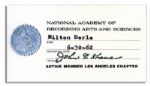 Milton Berles 1962 Membership Card to NARAS, The Academy That Puts on The Grammy Awards