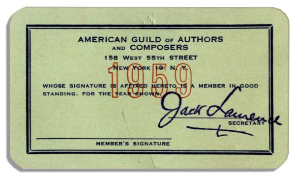 Milton Berle 1959 Membership Card to The American Guild of Authors & Composers