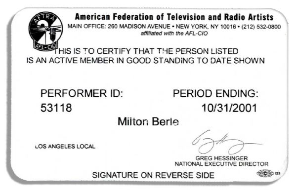 Milton Berle's AFTRA Membership Card From 2001