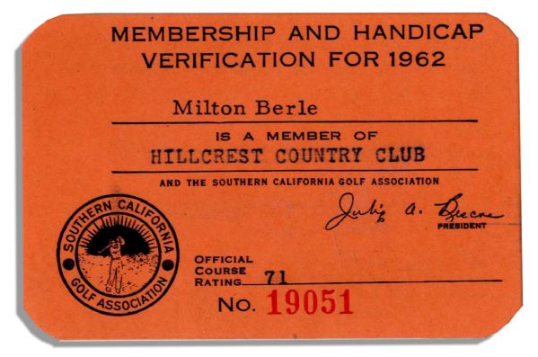 Milton Berle's 1962 Golf Handicap Verification Card From Hillcrest Country Club