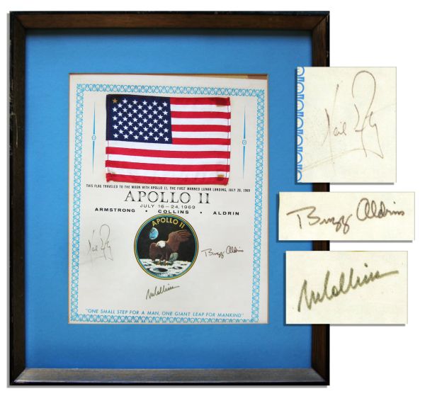 Apollo 11 Space-Flown Flag -- Affixed to a NASA Certificate Signed by Each of the Apollo 11 Crew Members: Neil Armstrong, Michael Collins & Buzz Aldrin -- Very Scarce