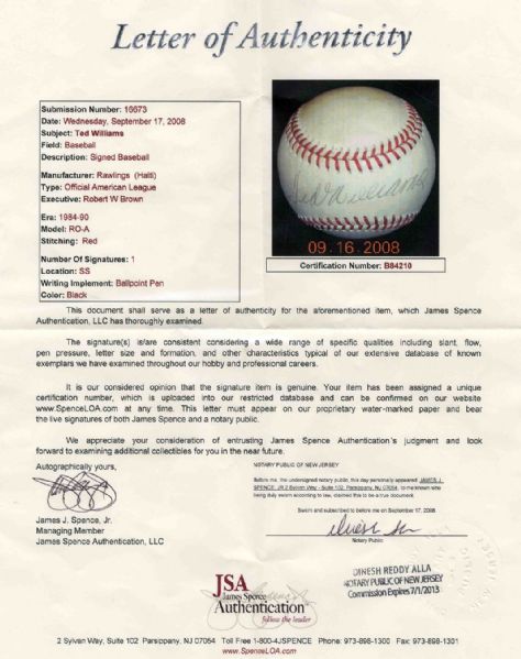 Ted Williams Baseball Signed in Black Ink on the Sweet Spot -- With JSA COA