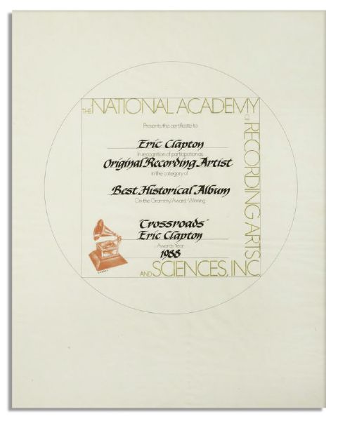 Eric Clapton 1988 Official Grammy Certificate For His Album ''Crossroads'' 
