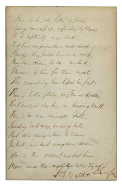 Ralph Waldo Emerson Nicely Matted and Framed Signed 1860 Essay, ''Worship'' From the Well-Regarded Collection, ''The Conduct of Life''