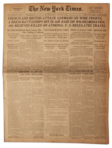 ''The New York Times'' 5 September 1939 Marks The Beginning of World War II -- ''100 Believed Killed on Athenia''