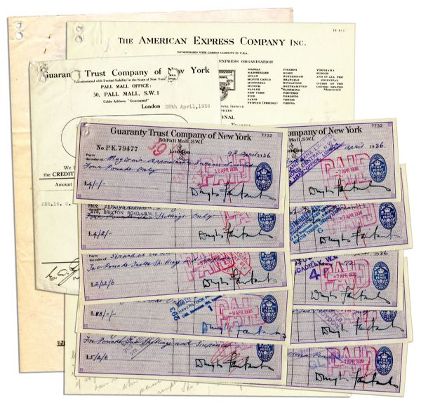 Douglas Fairbanks, Sr. Lot of Signed Checks & Bank Correspondences From 1936