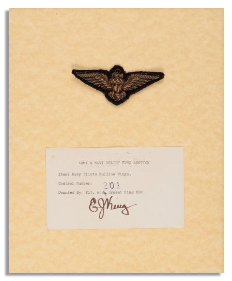 Fleet Admiral Ernest King's Navy Pilot Wing -- With Signed ''E.J. King'' Card by the WWII Legend