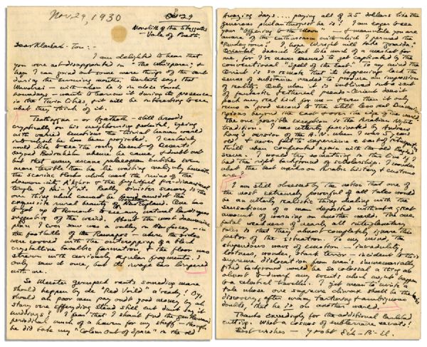 Rare Autograph Letter Signed by H.P. Lovecraft -- ''...I yet mean to write a tale whose one supreme climax shall be the man's discovery, after many torturing...that he is on another world...''