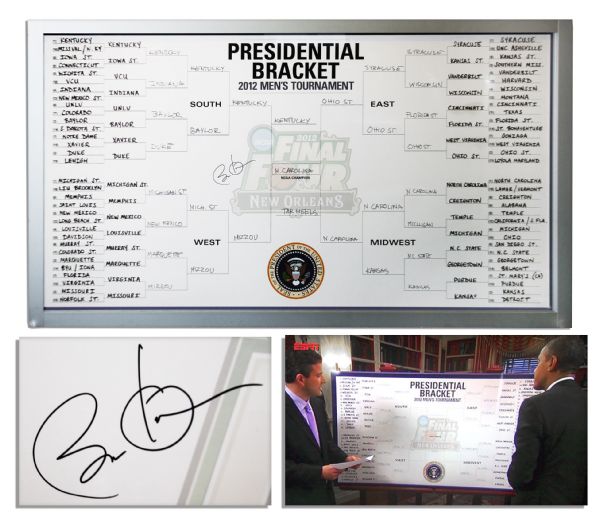 Barack Obama Signed as President Leaderboard for the 2012 NCAA Men's Basketball Championship -- With Obama's Team Picks Handwritten by Him
