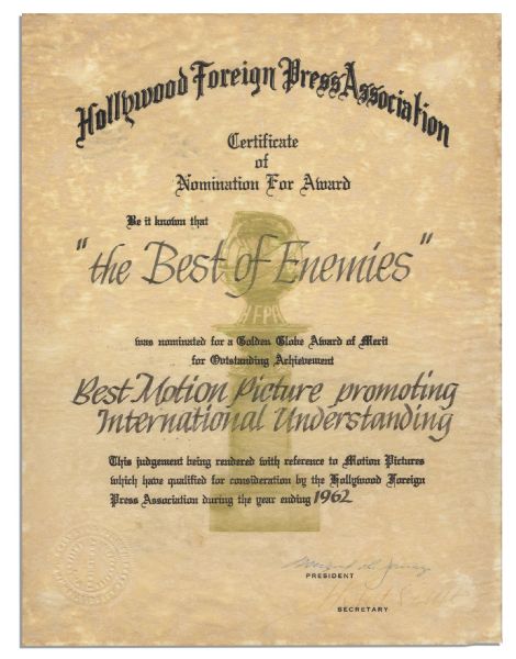 Golden Globe Nomination Certificate From 1962 -- Nominating ''The Best of Enemies'' For Best Motion Picture Promoting International Understanding