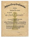 Golden Globe Nomination Certificate From 1962 -- Nominating The Best of Enemies For Best Motion Picture Promoting International Understanding