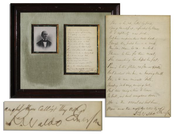 Ralph Waldo Emerson Nicely Matted and Framed Signed 1860 Essay, ''Worship'' From the Well-Regarded Collection, ''The Conduct of Life''