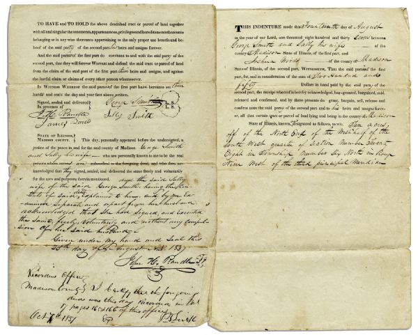 1837 Land Document From Illinois Pre-Dating the Women's Property Act by Two Years -- ''...wife of the said George Smith...signed...the [deed]...without any compulsion of her said husband...''
