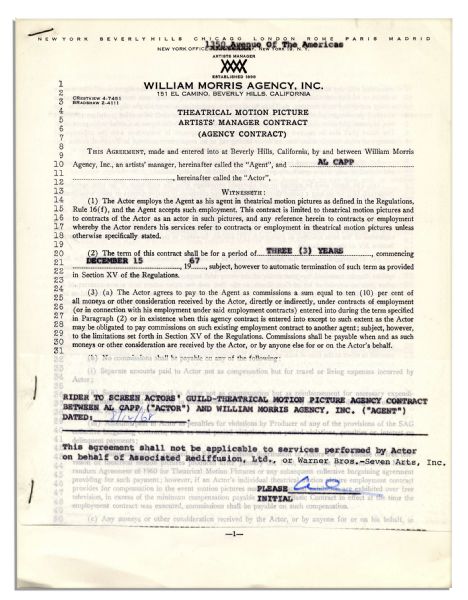 Three William Morris Agency Contracts -- With 6 Signatures by Capp in Total