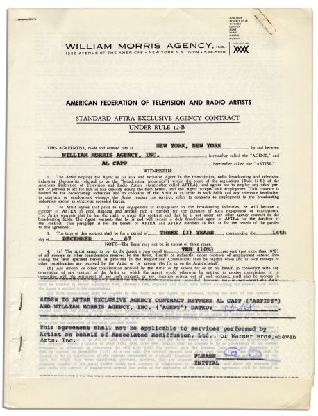 Three William Morris Agency Contracts, Signe by Al Capp -- With an Impressive 9 Signatures in Total