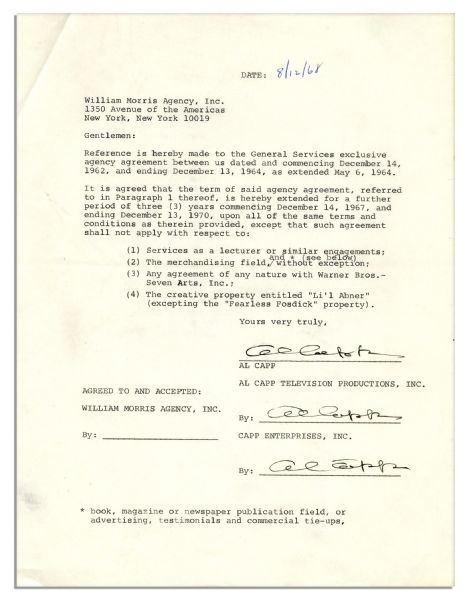 Three William Morris Agency Contracts, Signe by Al Capp -- With an Impressive 9 Signatures in Total
