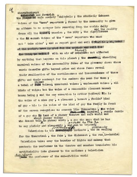 Fascinating Al Capp Typed Criticism of Television With Notes & Corrections in His Hand -- ''...a lonesome gadget-worshipping nation...Television does a terrible and wonderful thing...''
