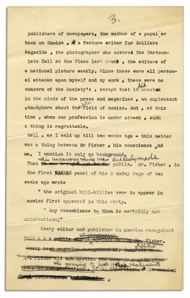 Al Capp Rant With Hand Notes Pertaining to Feud With Ham Fisher, The ''Joe Palooka'' Cartoonist Who Claimed ''Li'l Abner'' Was His Idea -- ''...The hill-billy [is] part of the American scene...''