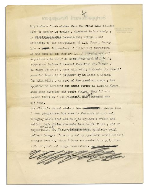 Al Capp Rant With Hand Notes Pertaining to Feud With Ham Fisher, The ''Joe Palooka'' Cartoonist Who Claimed ''Li'l Abner'' Was His Idea -- ''...The hill-billy [is] part of the American scene...''
