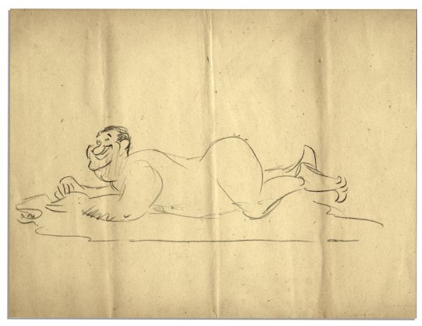 Al Capp Hand Drawn Caricature Sketch of Himself Posing Nude on a Bear Rug