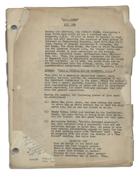 Collection of Four Scripts For the 1956 Musical ''Li'l Abner'' Based on the Comic by Al Capp from His Personal Collection -- Each With notes and Revisions in His Hand
