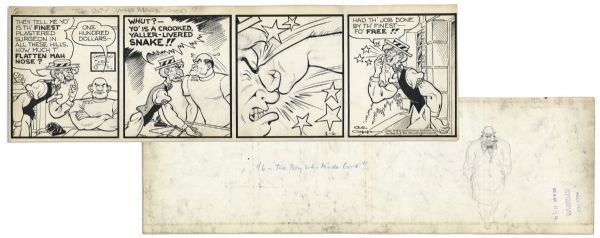 ''Li'l Abner'' 4-Panel Comic Strip From 6 January 1948 -- Hand-Drawn & Signed by Al Capp, Who Adds a Sketch of a Character in Pencil to Verso  -- 22.5'' x 7'' -- Toning, Near Fine