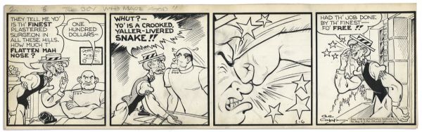 ''Li'l Abner'' 4-Panel Comic Strip From 6 January 1948 -- Hand-Drawn & Signed by Al Capp, Who Adds a Sketch of a Character in Pencil to Verso  -- 22.5'' x 7'' -- Toning, Near Fine