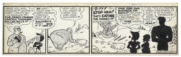 ''Li'l Abner'' 3-Panel Comic Strip From 20 May 1948 -- Featuring Li'l Abner, Mammy, Pappy, Salomey & J. Roaringham Fatback -- Hand-Drawn & Signed by Al Capp -- 22.5'' x 7'' -- Toning, Near Fine