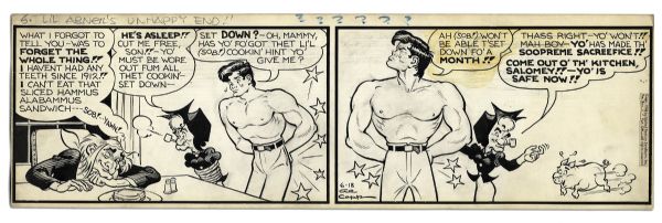 ''Li'l Abner'' 3-Panel Comic Strip From 18 June 1948 -- ''Li'l Abner's Unhappy End!!'' -- Hand-Drawn & Signed by Al Capp -- 22.5'' x 7'' -- Toning, Near Fine
