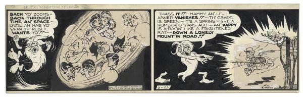 ''Li'l Abner'' 2-Panel Comic Strip From 23 June 1948 Featuring Abner, Daisy Mae & Yokum Family Members -- Hand-Drawn & Signed by Al Capp -- 22.5'' x 7'' -- Toning, Near Fine