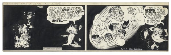 ''Li'l Abner'' 2-Panel Comic Strip From 22 June 1948 With Abner, Daisy Mae -- Drawn & Signed by Al Capp Who Also Sketches a Schmoo-Like Character to Verso -- 22.5'' x 7'' -- Toning, Near Fine