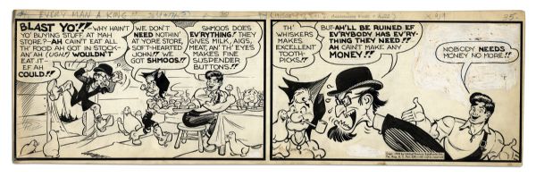 ''Li'l Abner'' 2-Panel Comic Strip From 9 September 1948 Featuring Abner, Mammy, Soft-Hearted John & Shmoos -- Hand-Drawn & Signed by Al Capp -- 22.5'' x 7'' -- Toning & White Out, Near Fine