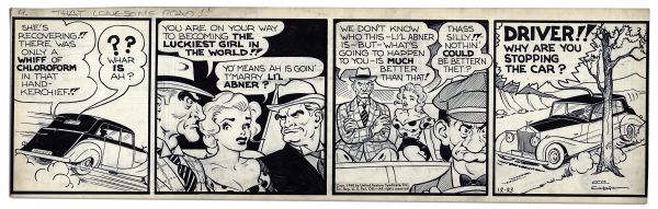 ''Li'l Abner'' 2-Panel Comic Strip From 22 June 1948 Featuring Daisy Mae -- Hand-Drawn & Signed by Al Capp -- 22.5'' x 7'' -- Toning, Near Fine