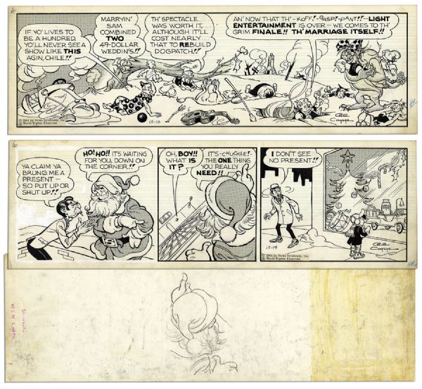 Pair of ''Li'l Abner'' Comic Strips From 19 December & 10 December 1964 Hand-Drawn & Signed by Al Capp -- Featuring Tiny Yokum & Santa Claus -- 19.75'' x 6.25'' -- Toning & White Out, Near Fine